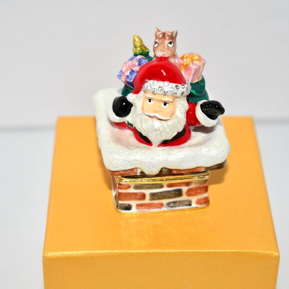 Santa in Chimney Enamel Trinket Box, Hinged Jewelry Organizer MINI NIB - Picture 2 of 5